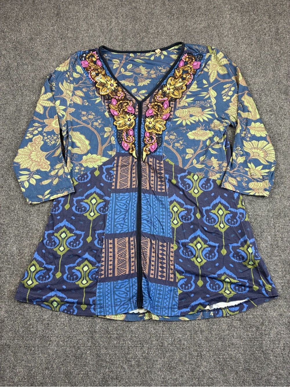 Soft Surroundings Women’s Embellished Blue Floral & Geometric V-Neck Tunic